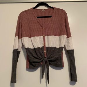 Tie Waist Waffle Long Sleeve Top